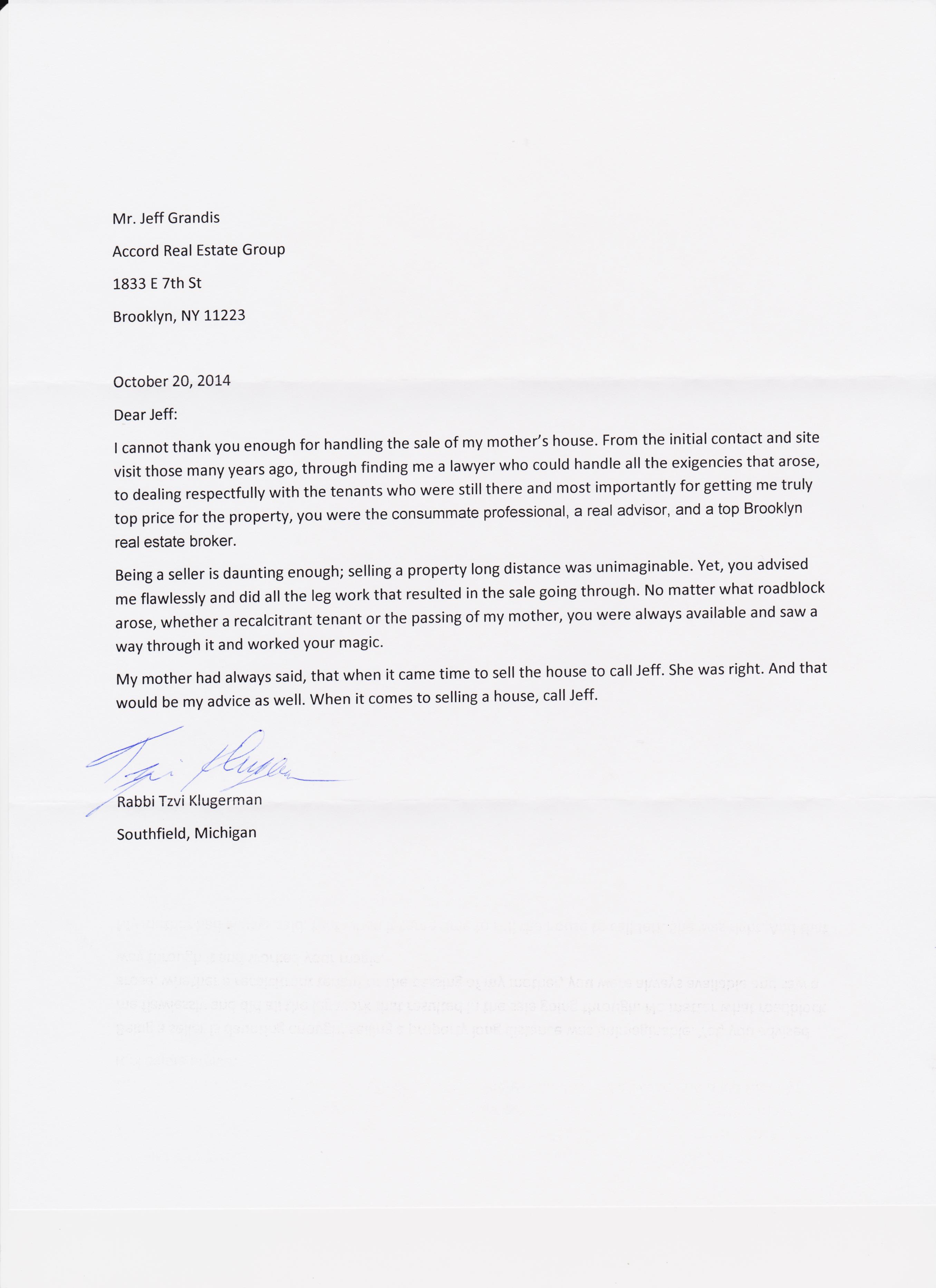 Testimonial Letter from Rabbi Tzvi Klugerman